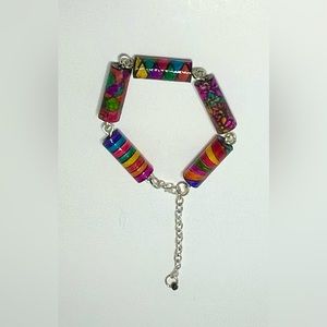 Handmade Hand Painted Jewel Tone Paper Bead Bracelet Silver Links Extender Chain